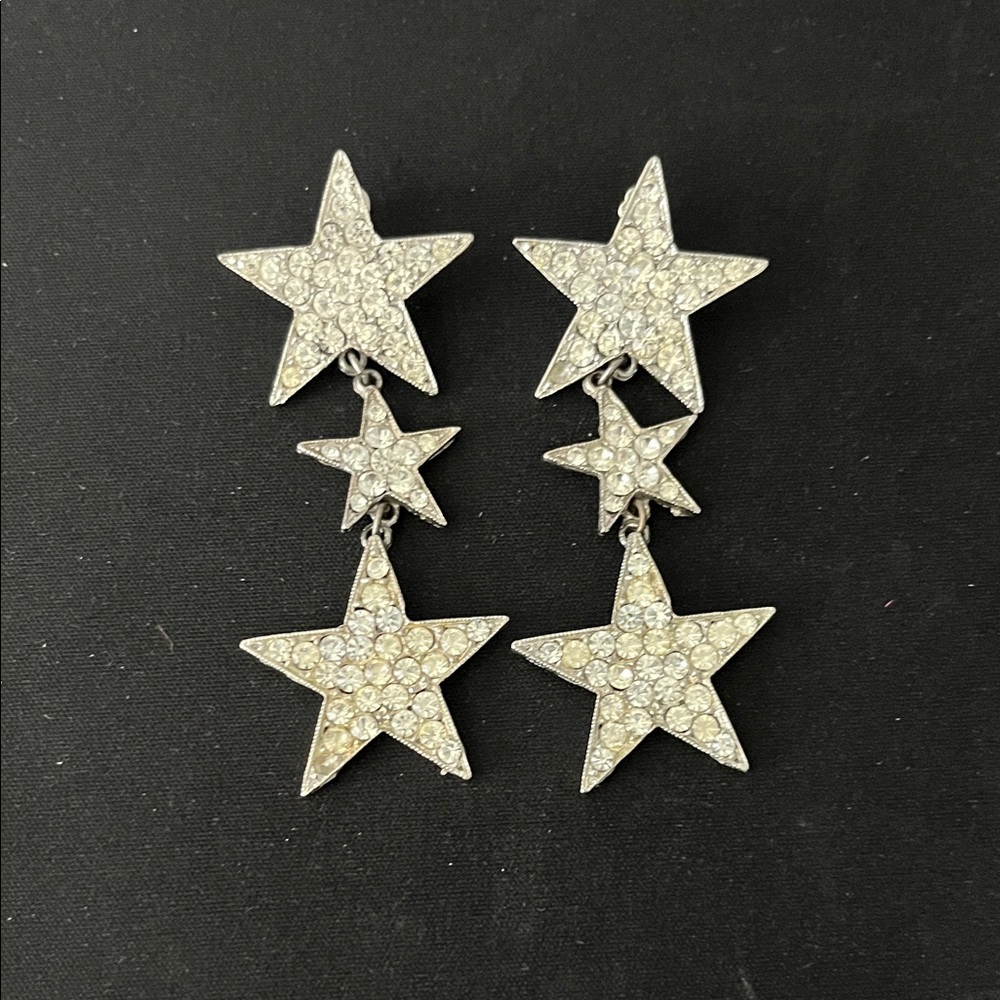 Silver Tone Rhinestone Dangle Stars Earrings
